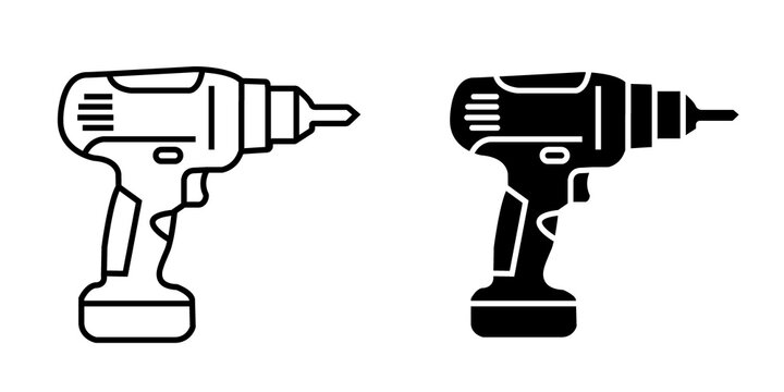 Two cordless power drill icons in outline and solid black style set