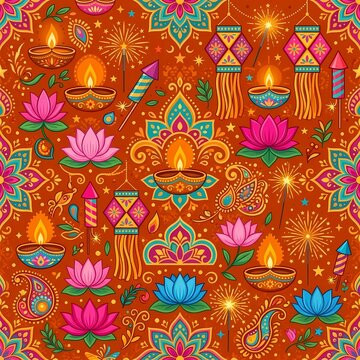 Vibrant diwali seamless pattern with diya lamps and lotus flowers
