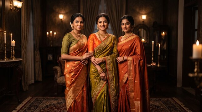 Three elegant indian women wearing traditional silk sarees and gold jewelry pose together for a classic studio portrait inside room