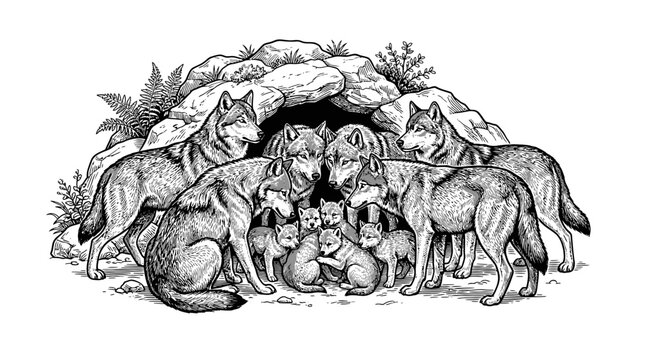 Wolf pack near mountain cave.