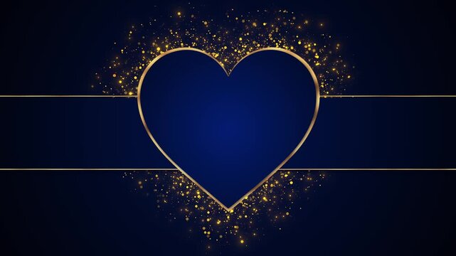 Deep blue heart outlined in gold glowing particles and elegant horizontal bands creates a premium romantic frame. Valentine promos, weddings, anniversaries, engagement titles, greetings love themed