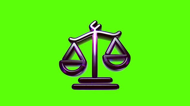 Shiny metallic scale of justice icon representing law and legal equality isolated on a bright green background