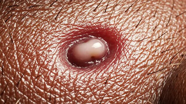 A single inflamed pimple on human skin. A tiny whitehead gradually forms at the center in extremely slow motion