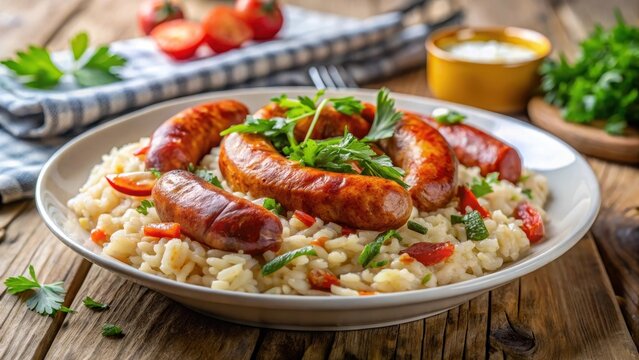Hungarian lecso with sausage and rice in white plate