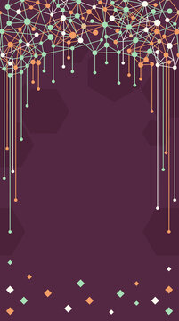 Vertical abstract technology background with dense network canopy dripping connected nodes and diamond scatter on plum