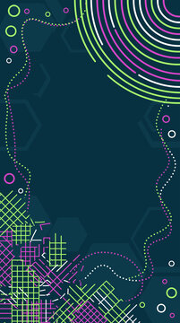 Vertical abstract technology background with overlapping grid fragments, concentric rings and dotted trail on dark teal