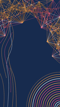 Vertical abstract technology background with triangulated network mesh arch, dotted streams and concentric rings on navy blue