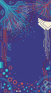 Vertical abstract technology background with branching circuit tree, cascading data arrows and molecular elements on indigo