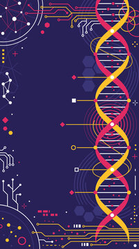 Vertical abstract science background with DNA double helix strand, circuit traces and molecular constellation on deep navy
