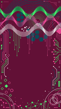 Vertical abstract technology background with layered sine waves dripping into circuit borders and hexagons on magenta