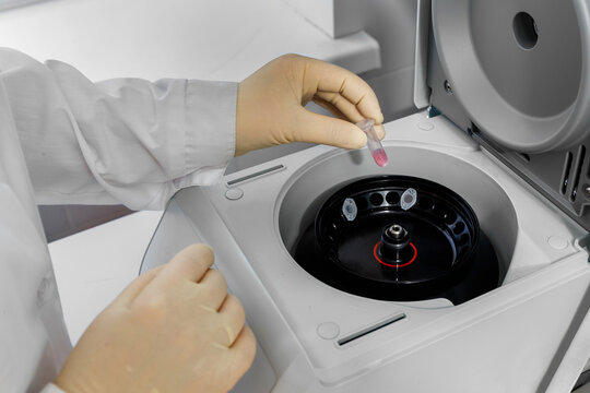 Specialist in gloves loading a microtube with a sample into a benchtop centrifuge.