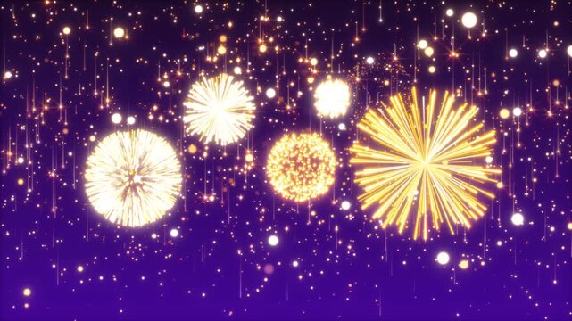 New year celebrate gold fireworks with shimmering on purple sky background