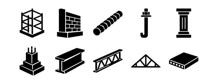 construction materials and structural elements icons for stability foundation growth strength and innovation in architecture on transparent background