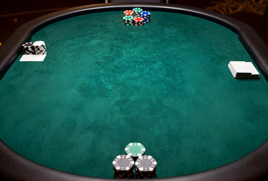Gambling and risk concept, poker table with chips and cards, casino entertainment and betting game
