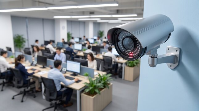Bullet security camera with red infrared lights mounted on blue office wall overlooking busy workspace with blurred employees at desks illustrating workplace safety and surveillance
