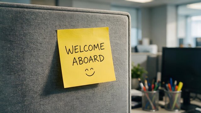 Bright yellow sticky note featuring welcome aboard text with a hand drawn smiley face attached to a grey office cubicle wall