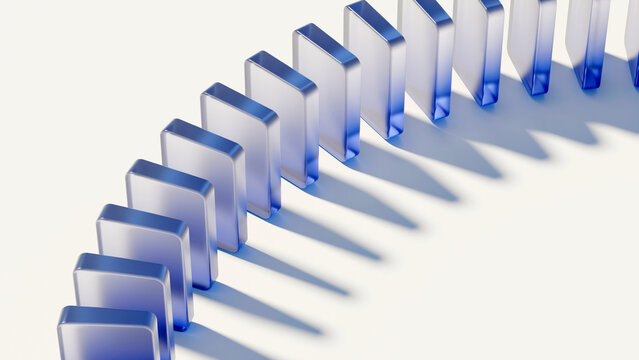 3D blue glass blocks standing in curve sequence. Ideal for business strategy, domino effect, progress, workflow, tech background, dynamic concept, and corporate slides