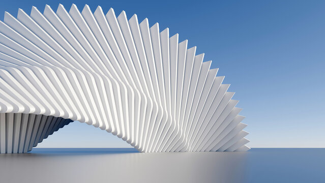 Modern 3D abstract geometric white structure against clear blue sky background. Ideal for architectural concept, tech websites, corporate banner, and futuristic design