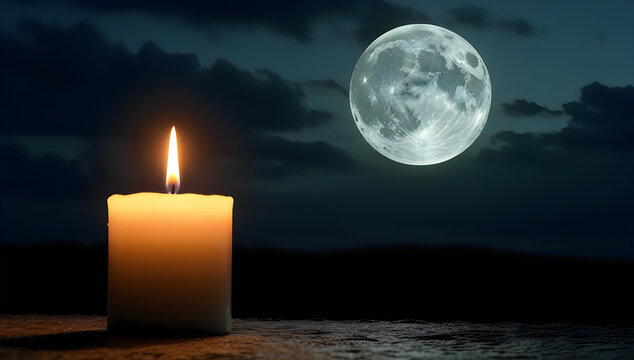 Burning candle at night with a full moon in the dark sky illustration