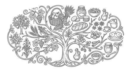 Naklejka premium Tree of life with food and harvest symbols