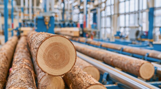 Timber processing. Raw logs move along an automated sawmill production line for cutting and conversion into lumber and construction materials.
