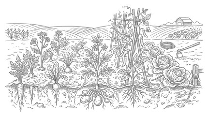 Fototapeta premium Farm landscape engraving with underground root views.