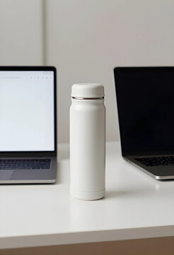 Workplace wellness and hydration, white reusable water bottle between two laptops on a clean desk, remote work environment