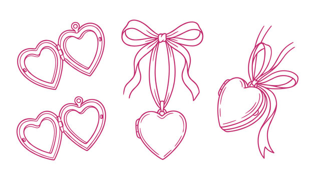 Romantic heart locket line art vector set with open lockets ribbons and bows for jewelry design