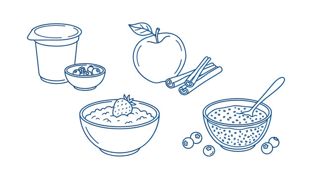 Healthy breakfast food outline vector illustration set with oatmeal bowl yogurt apple cinnamon and chia pudding