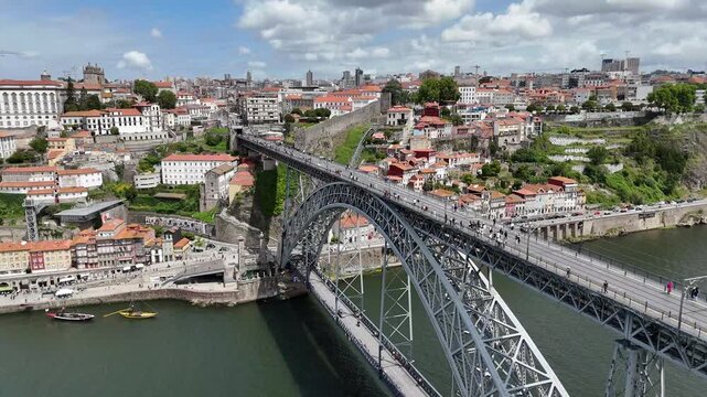 Porto city skyline and Dom Lu&iacute;s i bridge aerial view urban landscape and historic architecture in Portugal travel and tourism douro river