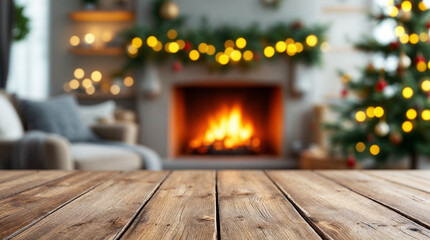 Fototapeta premium empty wooden tabletop in front of blurred living room background with fireplace and christmas tree lights