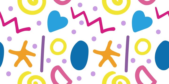 Fun colorful line doodle seamless pattern. Creative minimalist style art background for children or trendy design with basic shapes. Simple party confetti texture, childish scribble shape backdrop.