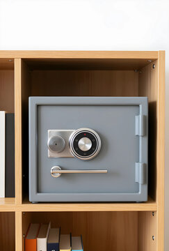Home security and asset protection, personal safe with combination lock in a wooden bookshelf for valuables