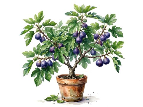 Set of watercolor fig tree illustrations with ripe purple fruits and green leaves on white background with including potted plant branches collection hand painted