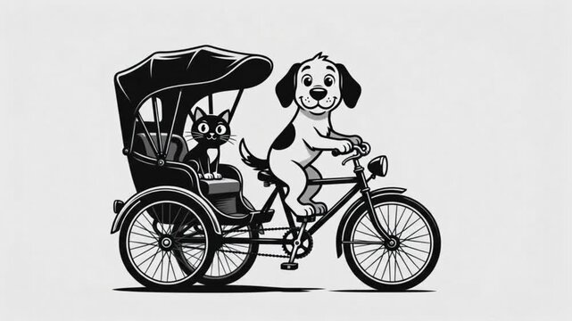 Funny Cartoon Illustration of a Dog Riding a Rickshaw with a Cat Passenger in Black and White