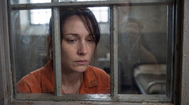 Sad woman in orange prison uniform looking through metal bars of a jail cell window