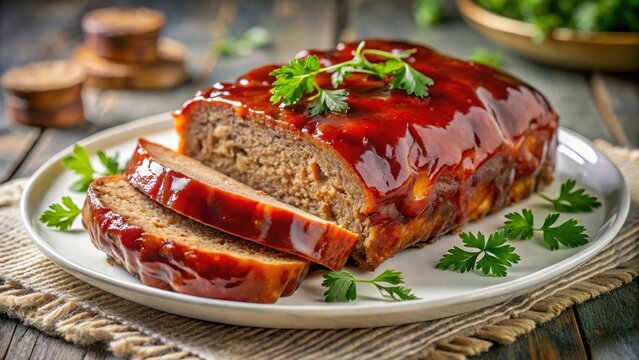 Deliciously glazed meatloaf served on a white plate against a cl