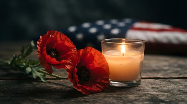 Memorial remembrance with american flag roses and a glowing candle for honoring heroes