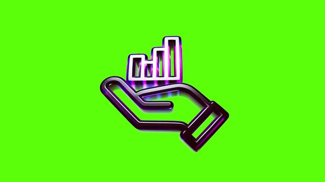 Shiny 3d metal hand icon holding a bar graph symbol representing growth and financial success on green