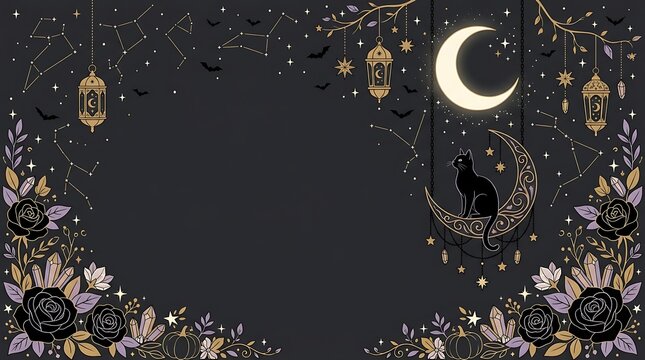 A spooky and delightful halloween night scene with a crescent moon silhouetted bats and a festive border of classic halloween decorations for a thrilling