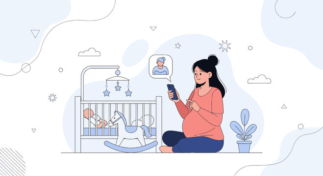 Pregnant Woman Using Phone by Crib, Planning Baby's Future, Family Connection, Modern Illustration