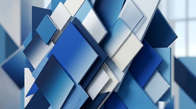 Dynamic abstract composition featuring layered blue and white squares and rectangles with varying depths creating sophisticated modern architectural design for commercial use.