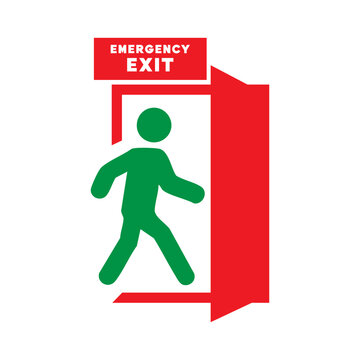 Emergency exit sign with a green running figure escaping through a red door