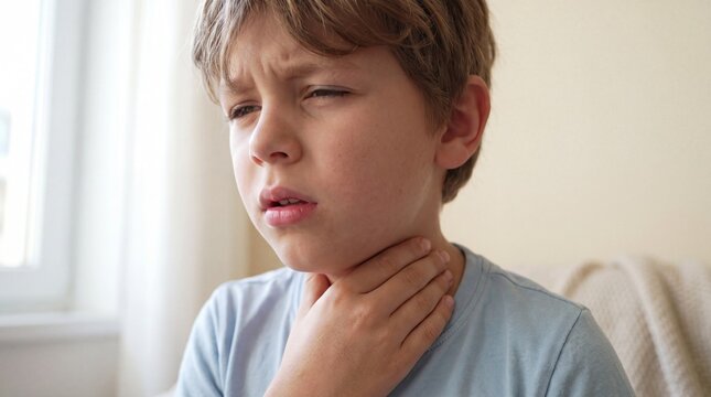 Young boy touching his sore throat feeling unwell and suffering from a painful illness.