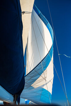 White yacht canvas sail close up view with blue sea water at sunny day.

