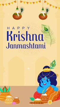 Janmashtami Yellow and Blue Illustrated Greeting Video Story