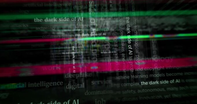 Dark side of AI headline news titles across media. Abstract concept displays loop. Flight between screens with glitch effect seamless and looped 3d.