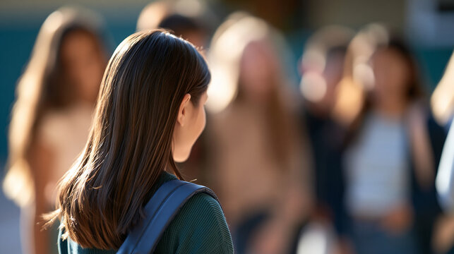 rear view of an outcast girl standing alone in a bright school setting, back to camera, a group of classmates laughing in the background, social exclusion concept, bullying