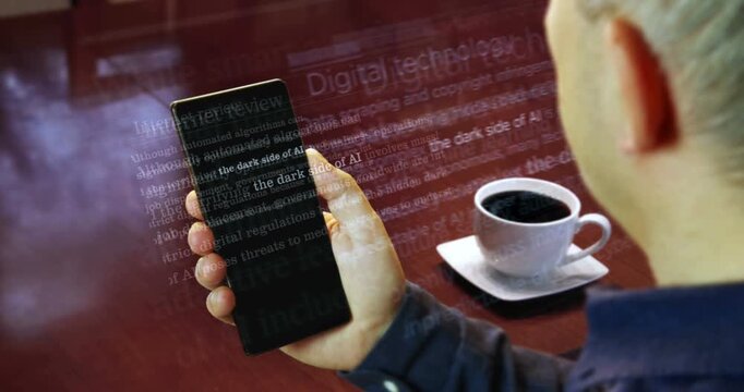 Dark side of AI articles is reading the on smartphone. Man read headline news across international media. Abstract concept of news titles on phone in hand.