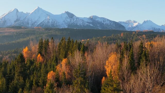 The breathtaking aerial view of beautiful nature in Tantra mountains in autumn